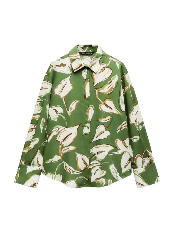 Cămașă Zara EU 38 | Verde, Normal, Mânecă lungă, Floral & Tropical, Design asimetric, Poliester