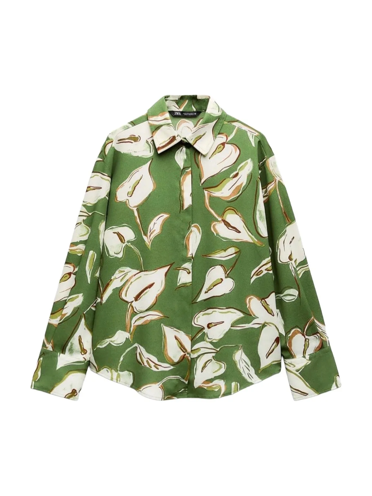 Cămașă Zara EU 38 | Verde, Normal, Mânecă lungă, Floral & Tropical, Design asimetric, Poliester