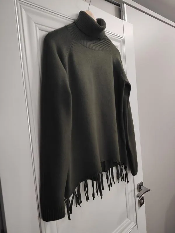 Pulover cu guler înalt Evis EU 40 | Khaki, Normal, Mânecă lungă, Regular fit, Monocrom, Franjuri, Vâscoză - Image 3
