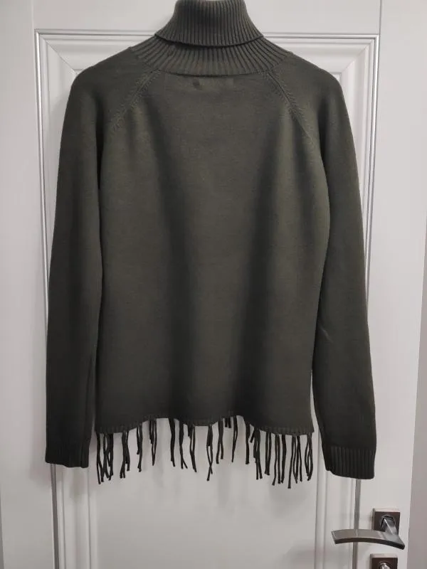 Pulover cu guler înalt Evis EU 40 | Khaki, Normal, Mânecă lungă, Regular fit, Monocrom, Franjuri, Vâscoză - Image 4