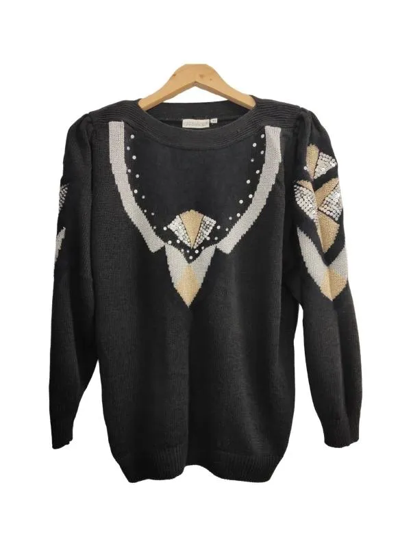Pulover Carthago EU 40 | Negru, Normal, Mânecă lungă, Regular fit, Paiete, Bumbac
