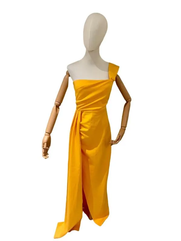 Rochie de ocazie Miss Ord L | Galben, Maxi, Pe un umăr, Satinat
