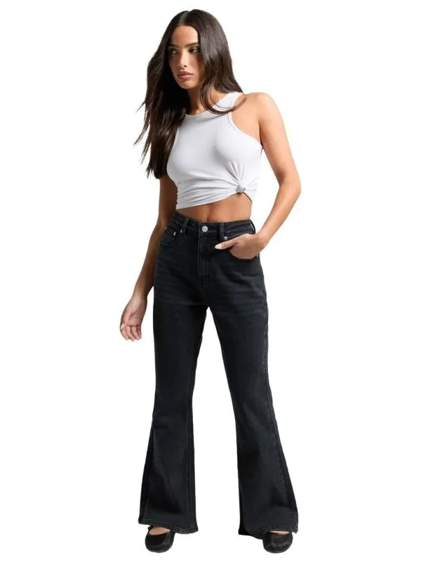 Blugi Boohoo EU 40 | Negru, Lungi, Talie înaltă, Bumbac