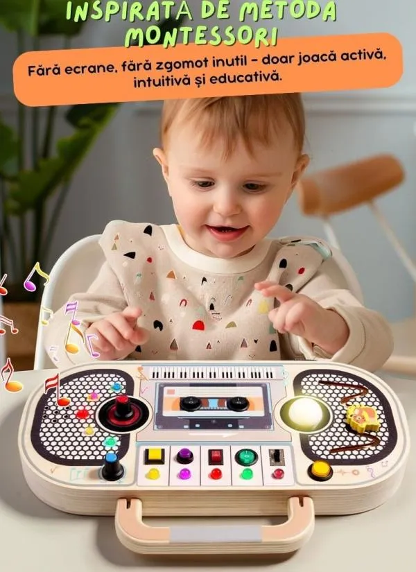Jucărie educativă Casetofon Retro Montessori Busy Board 1 - 2 ani | Bej - Image 2