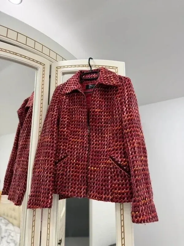 Jachetă S | Burgundy, Fără glugă, Carouri - Image 5