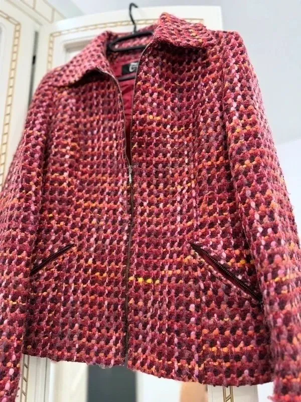 Jachetă S | Burgundy, Fără glugă, Carouri - Image 2