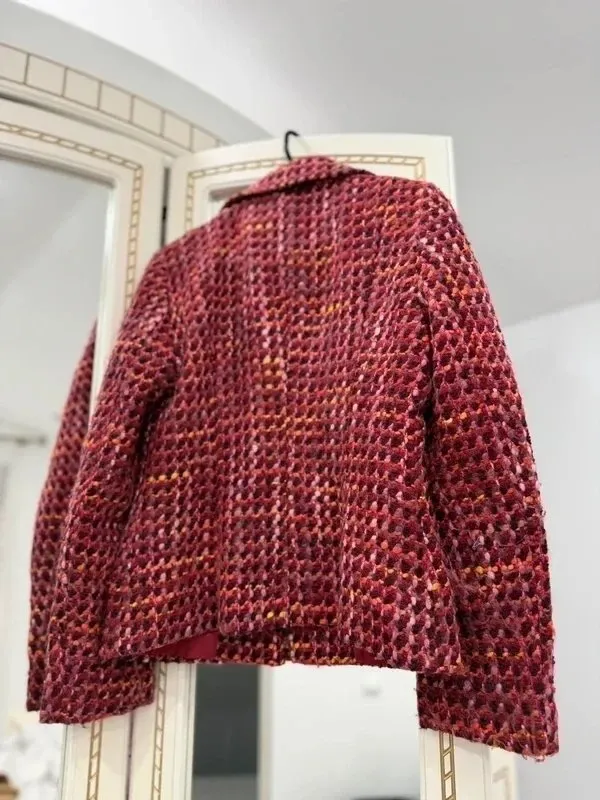 Jachetă S | Burgundy, Fără glugă, Carouri - Image 3