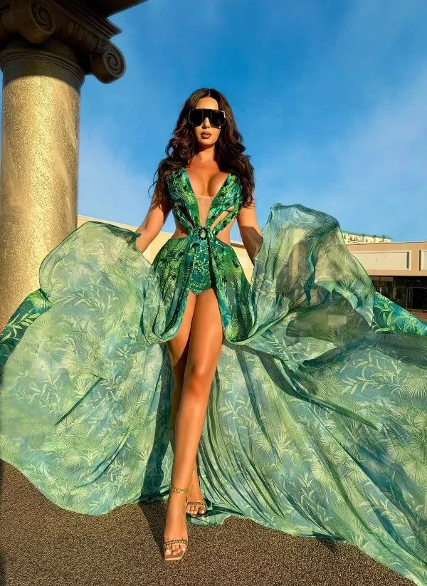 Rochie de seară Bella Barnett M | Verde, Maxi, Fără mâneci, Floral & Tropical - Image 2