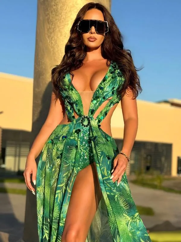 Rochie de seară Bella Barnett M | Verde, Maxi, Fără mâneci, Floral & Tropical - Image 3