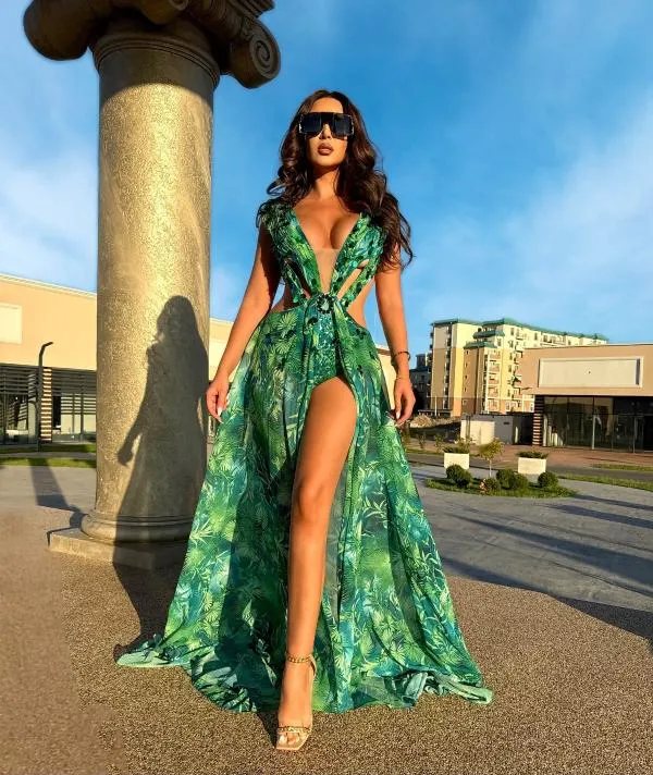 Rochie de seară Bella Barnett M | Verde, Maxi, Fără mâneci, Floral & Tropical - Image 5