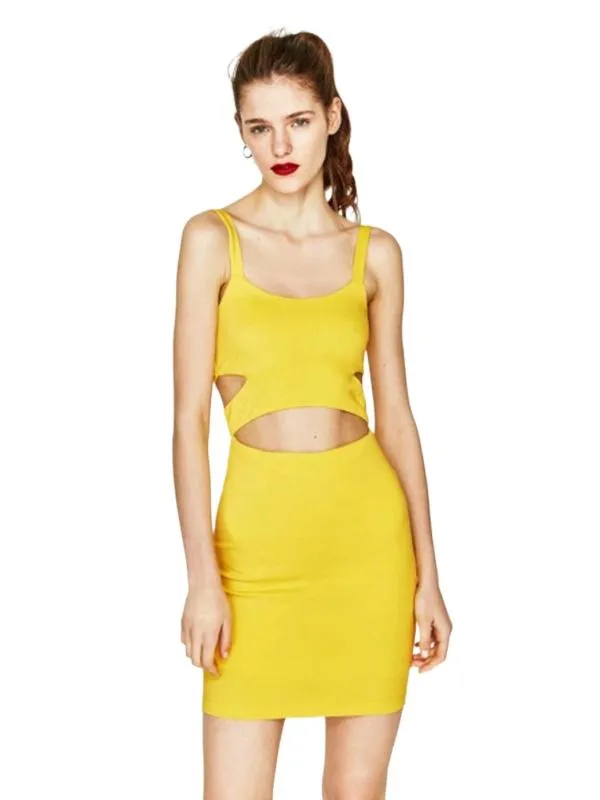 Rochie casual Zara XS | Galben, Mini, Bretele subțiri, Monocrom, Cu decupaje