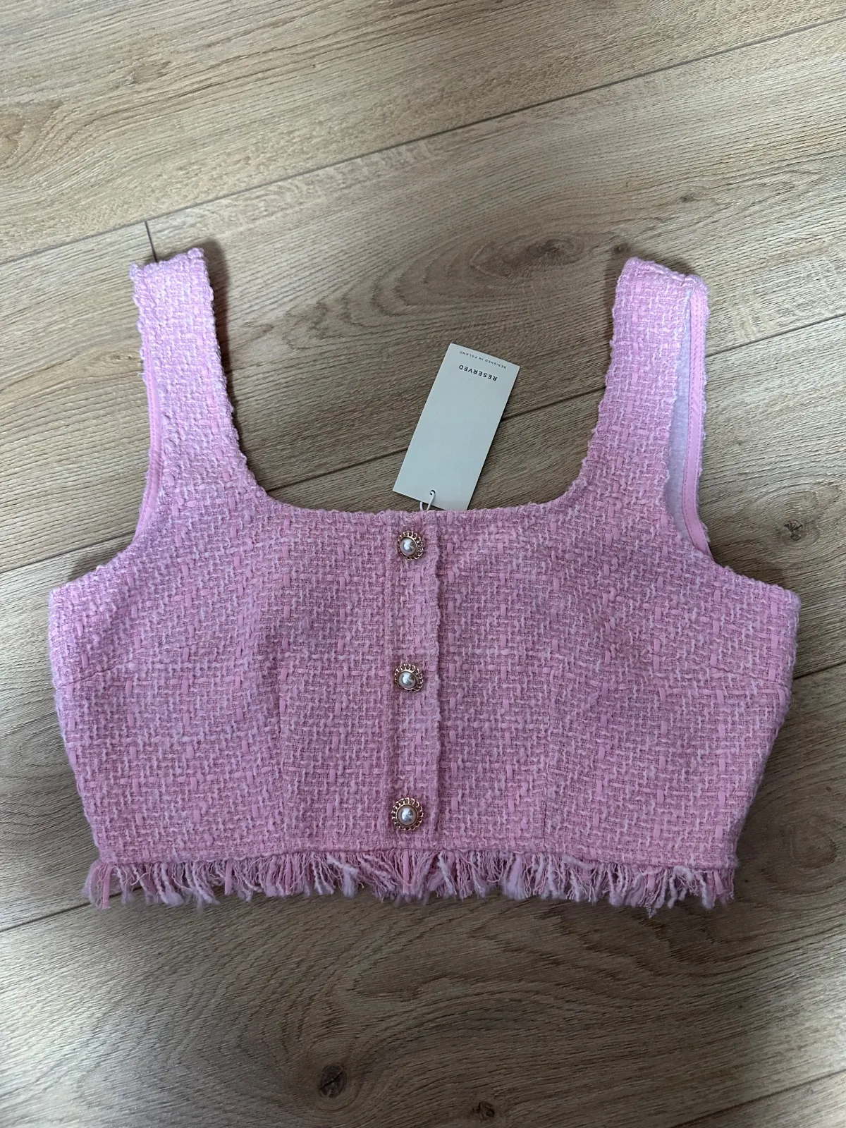 Top cropped Reserved S | Roz, Cropped (Scurt), Bretele subțiri, Monocrom, Franjuri - Image 4