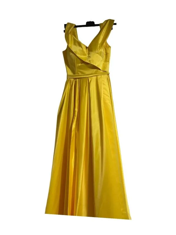 Rochie de ocazie S | Galben, Maxi, Fără mâneci, Monocrom, Satinat
