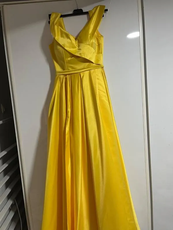Rochie de ocazie S | Galben, Maxi, Fără mâneci, Monocrom, Satinat - Image 2