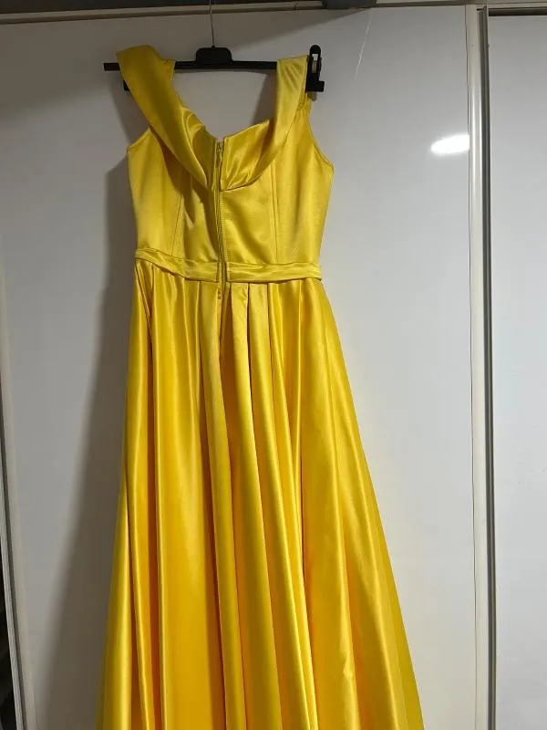 Rochie de ocazie S | Galben, Maxi, Fără mâneci, Monocrom, Satinat - Image 3