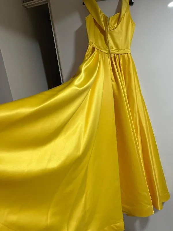 Rochie de ocazie S | Galben, Maxi, Fără mâneci, Monocrom, Satinat - Image 4