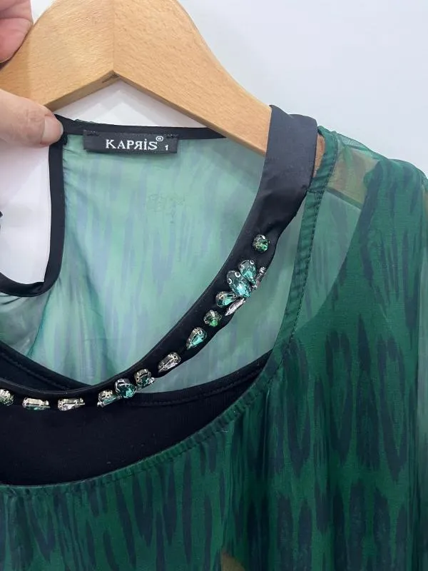 Rochie de ocazie Kapris XXL | Verde, Maxi, Mânecă lungă, Floral & Tropical, Pietre decorative - Image 4
