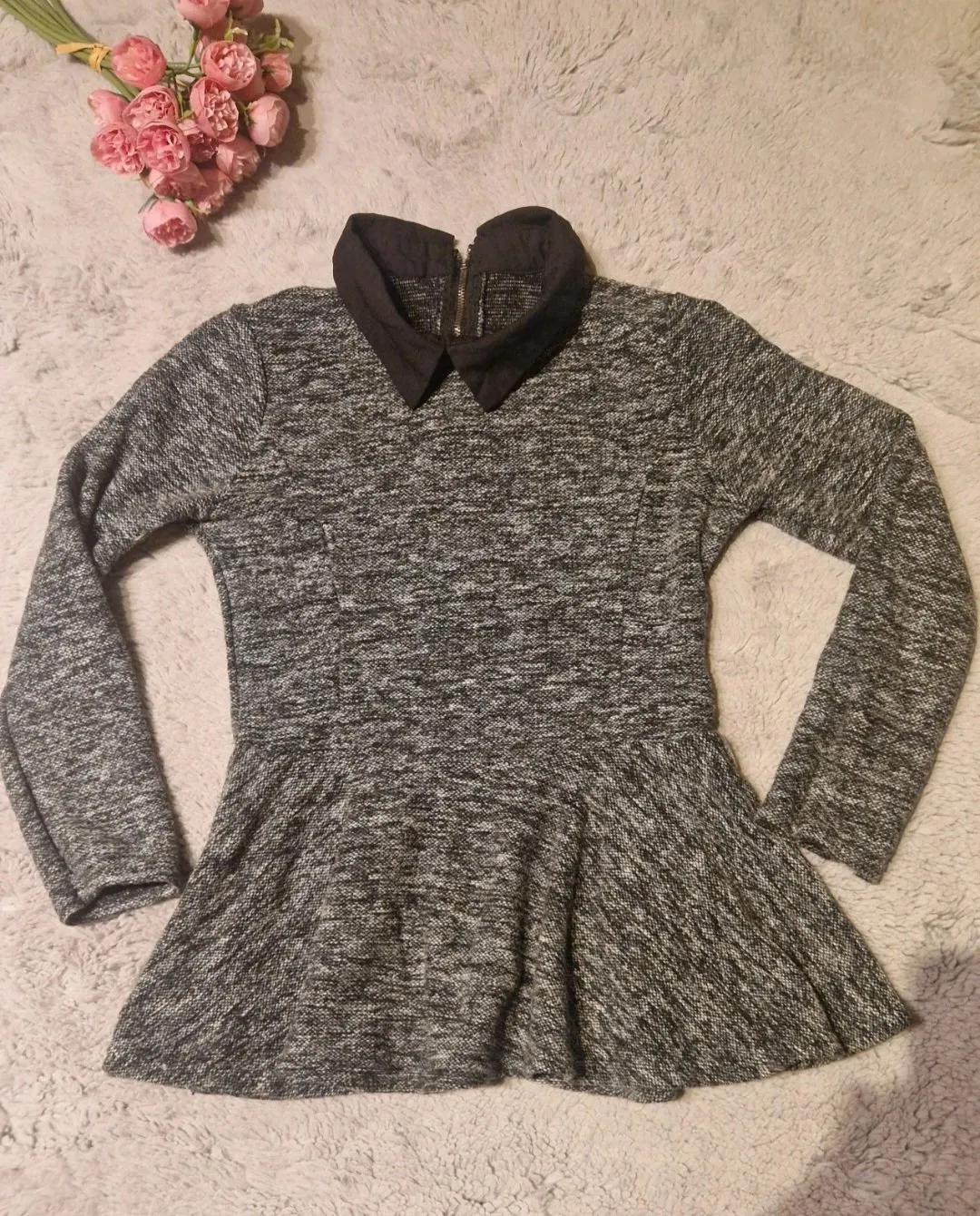 Pulover tip peplum S | Negru, Normal, Mânecă lungă, Regular fit, Volane - Image 2