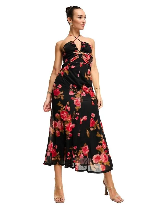 Rochie de seară ASOS XL | Multicolor, Maxi, Bretele după gât, Floral & Tropical, Cu decupaje