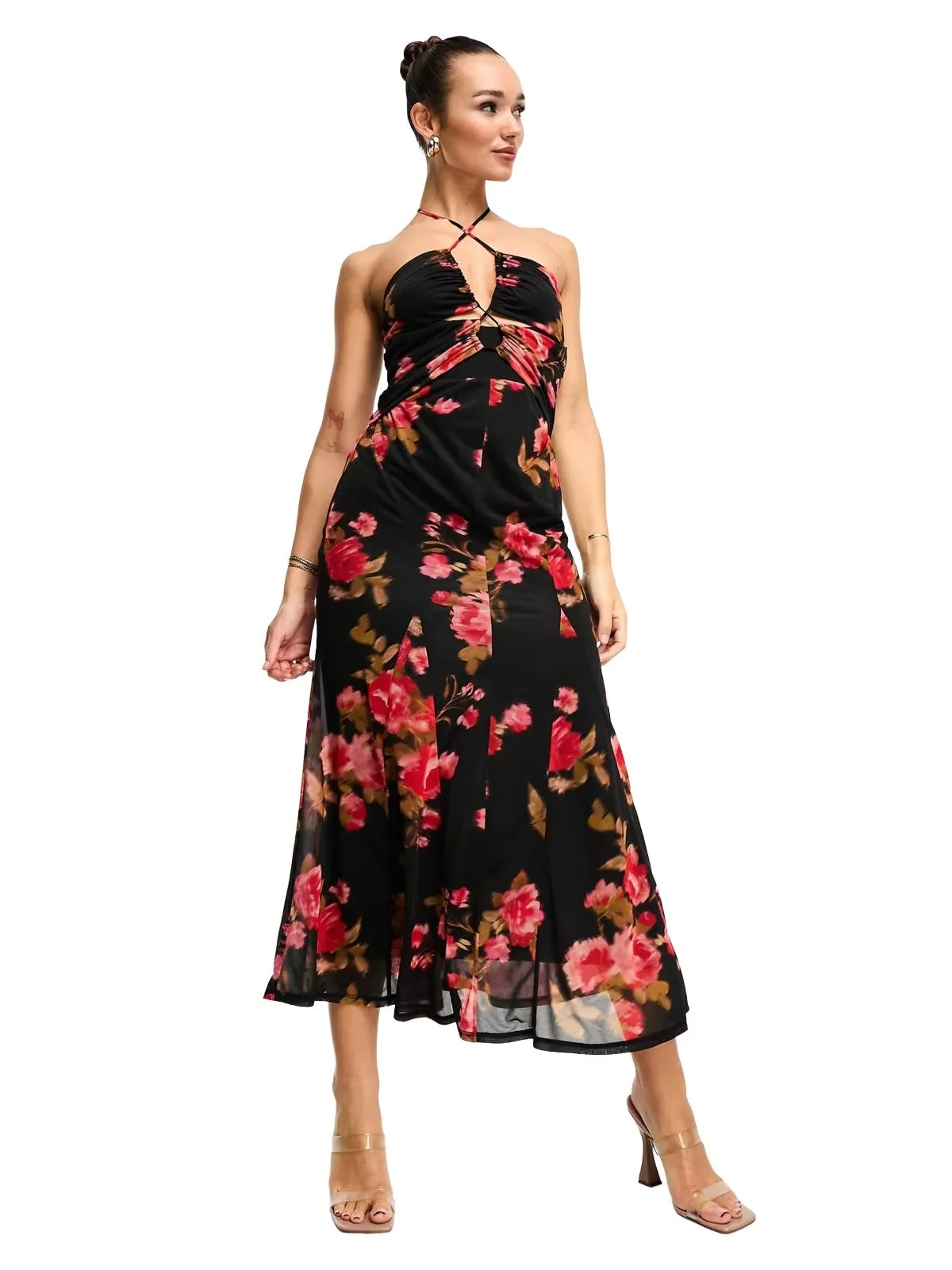 Rochie de seară ASOS XL | Multicolor, Maxi, Bretele după gât, Floral & Tropical, Cu decupaje