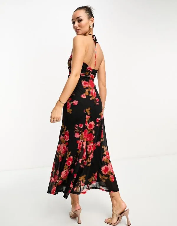 Rochie de seară ASOS XL | Multicolor, Maxi, Bretele după gât, Floral & Tropical, Cu decupaje - Image 2