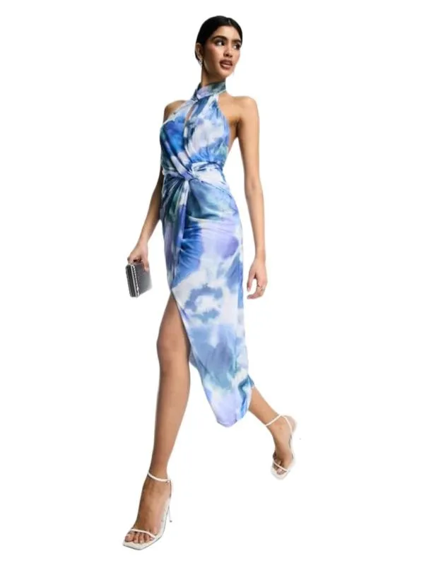 Rochie de seară ASOS XL | Bleu, Maxi, Cu umerii goi, Abstract & Color Block, Design petrecut