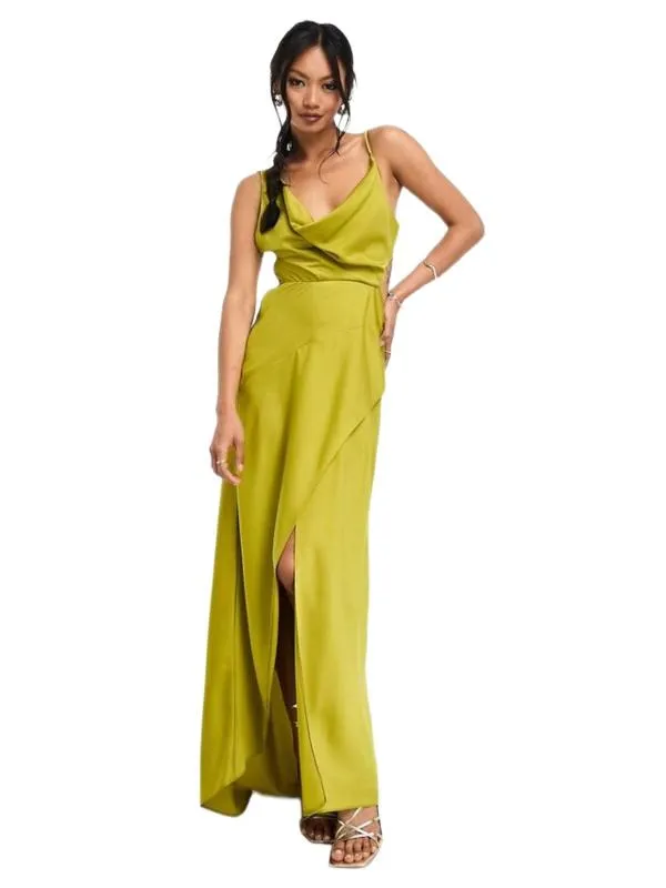 Rochie de seară ASOS M | Khaki, Maxi, Bretele subțiri, Monocrom, Cu decupaje