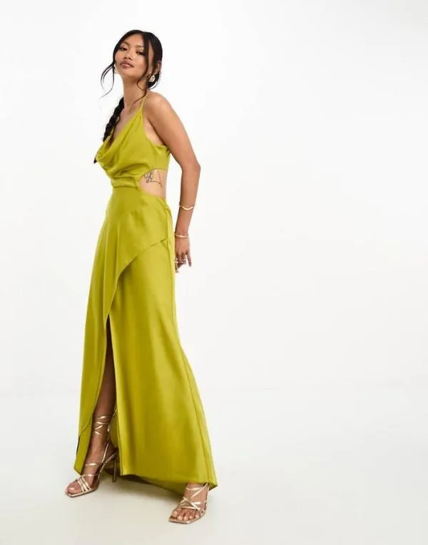 Rochie de seară ASOS M | Khaki, Maxi, Bretele subțiri, Monocrom, Cu decupaje - Image 2