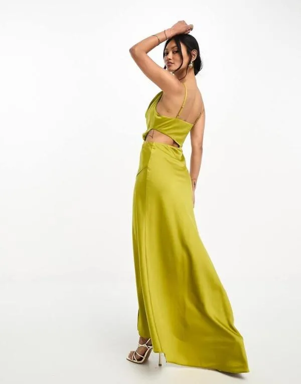 Rochie de seară ASOS M | Khaki, Maxi, Bretele subțiri, Monocrom, Cu decupaje - Image 3