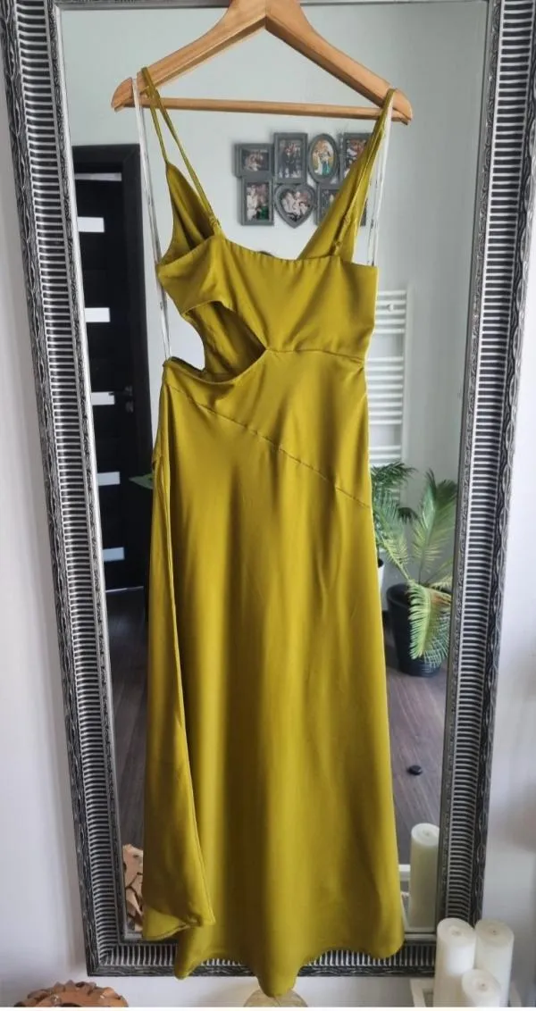 Rochie de seară ASOS M | Khaki, Maxi, Bretele subțiri, Monocrom, Cu decupaje - Image 6