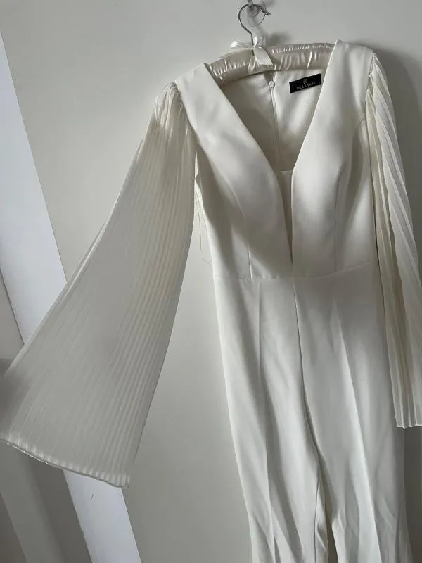 Salopetă Paula Richi S | Alb, Lungă, Mânecă lungă, Monocrom, Pliuri, Elastan - Image 3