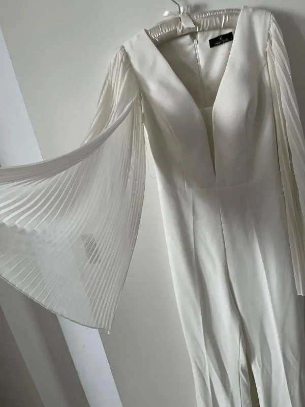 Salopetă Paula Richi S | Alb, Lungă, Mânecă lungă, Monocrom, Pliuri, Elastan - Image 4