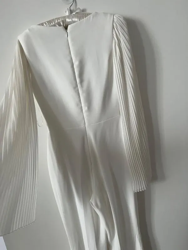 Salopetă Paula Richi S | Alb, Lungă, Mânecă lungă, Monocrom, Pliuri, Elastan - Image 5