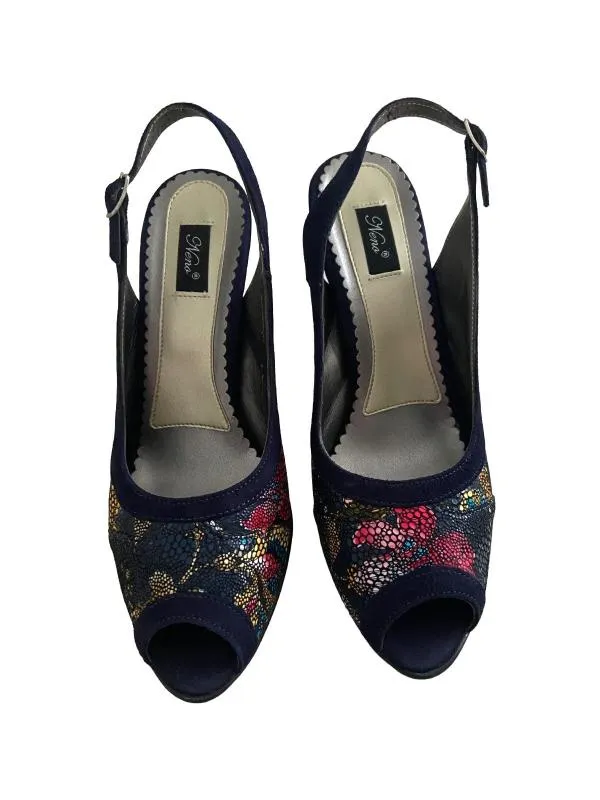 Sandale cu toc NENO EU 39 | Bleumarin, Floral & Tropical, Piele naturală