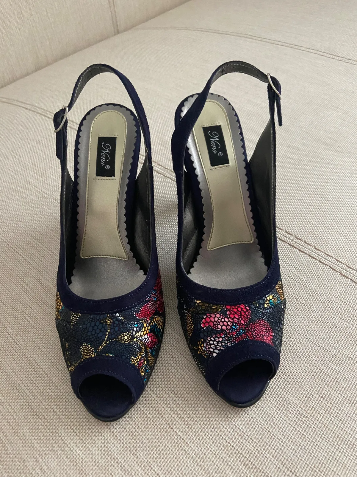 Sandale cu toc NENO EU 39 | Bleumarin, Floral & Tropical, Piele naturală - Image 5