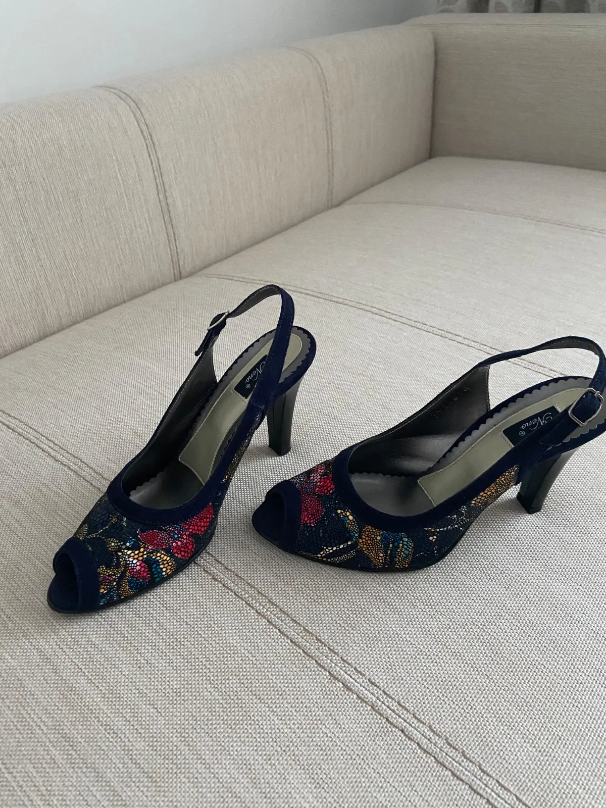 Sandale cu toc NENO EU 39 | Bleumarin, Floral & Tropical, Piele naturală - Image 3