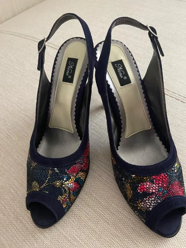 Sandale cu toc NENO EU 39 | Bleumarin, Floral & Tropical, Piele naturală - Image 4