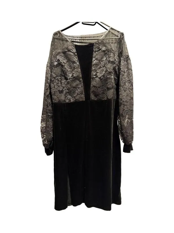 Rochie de ocazie M | Negru, Midi, Mânecă lungă, Floral & Tropical, Broderie