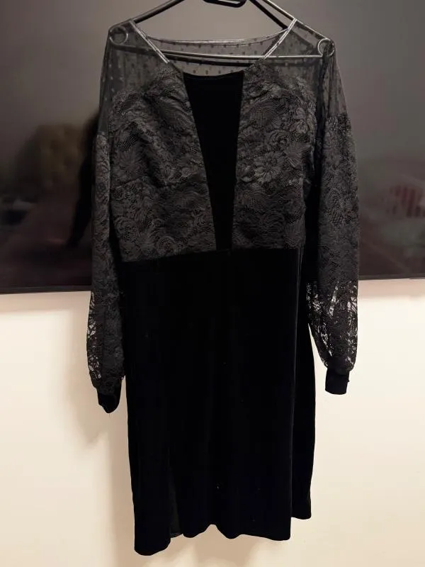 Rochie de ocazie M | Negru, Midi, Mânecă lungă, Floral & Tropical, Broderie - Image 2