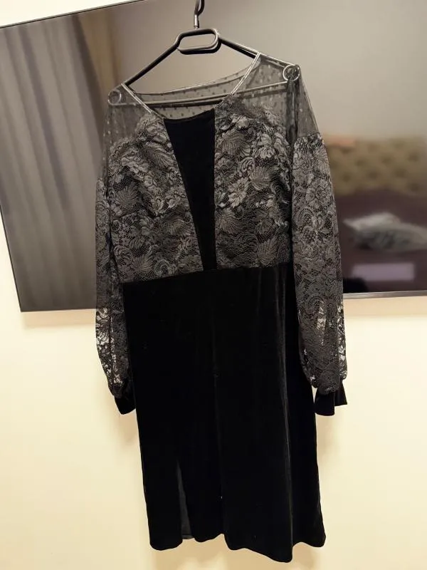 Rochie de ocazie M | Negru, Midi, Mânecă lungă, Floral & Tropical, Broderie - Image 3