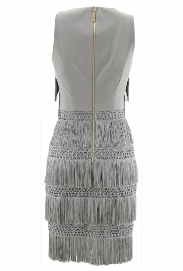Rochie de ocazie Elisabetta Franchi EU 42 | Gri, Midi, Fără mâneci, Franjuri - Image 2