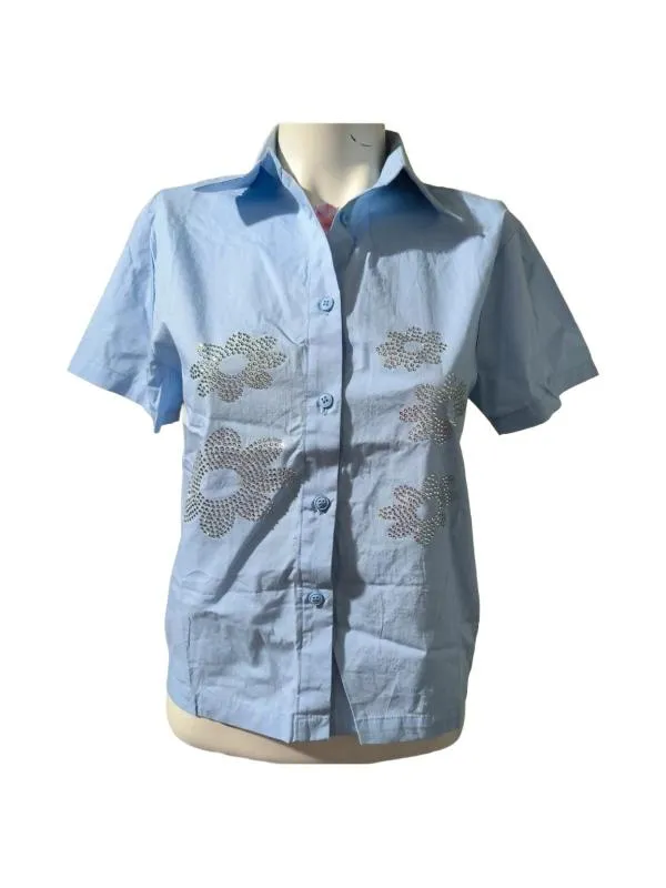 Cămașă Collusion M | Bleu, Normal, Mânecă scurtă, Pietre decorative, Bumbac