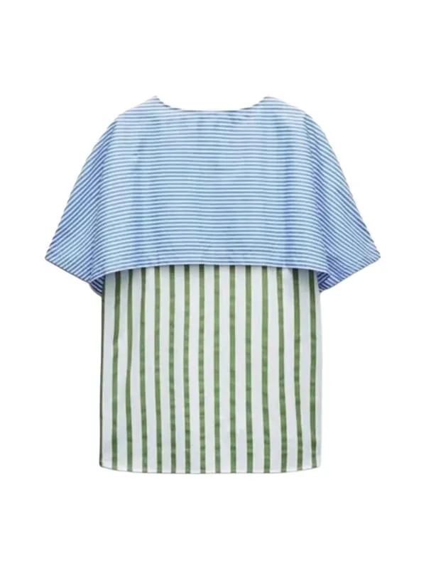 Tricou Zara L | Alb, Normal, Mânecă scurtă, Dungi, Volane