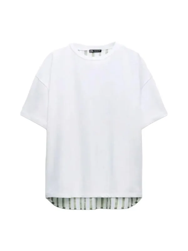 Tricou Zara L | Alb, Normal, Mânecă scurtă, Dungi, Volane - Image 2
