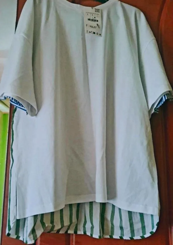 Tricou Zara L | Alb, Normal, Mânecă scurtă, Dungi, Volane - Image 4