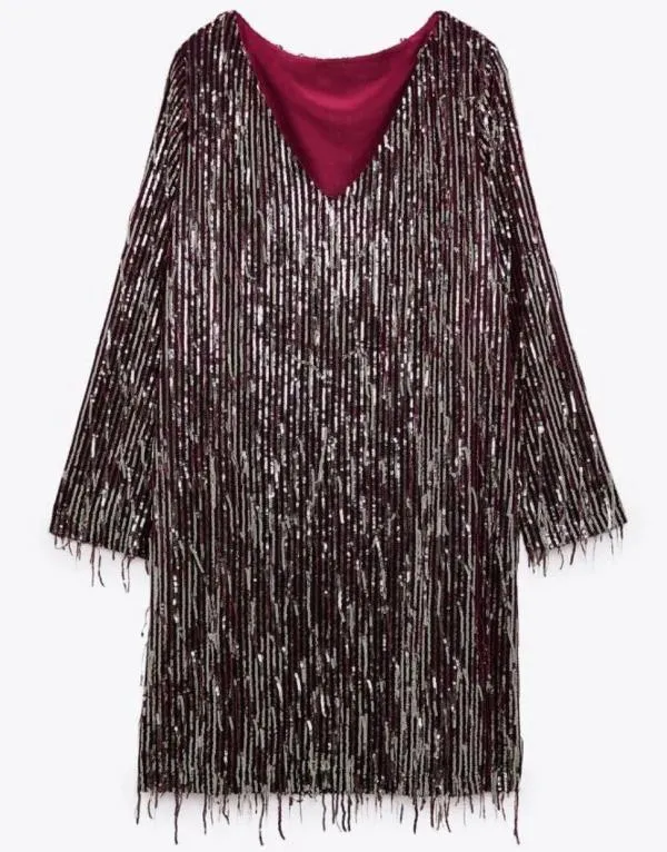Rochie de ocazie Zara L | Burgundy, Midi, Mânecă lungă, Paiete, Poliester - Image 2