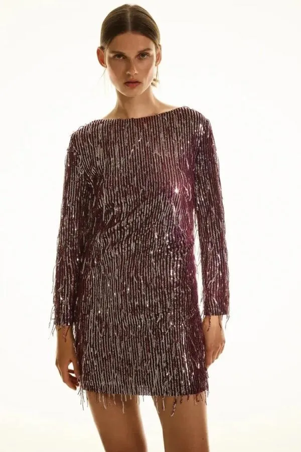 Rochie de ocazie Zara L | Burgundy, Midi, Mânecă lungă, Paiete, Poliester - Image 3