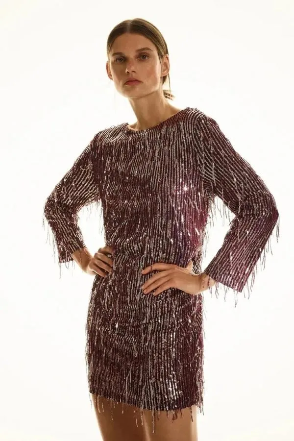 Rochie de ocazie Zara L | Burgundy, Midi, Mânecă lungă, Paiete, Poliester - Image 4