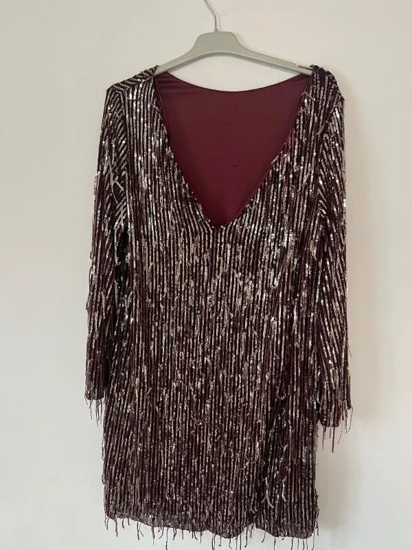 Rochie de ocazie Zara L | Burgundy, Midi, Mânecă lungă, Paiete, Poliester - Image 9