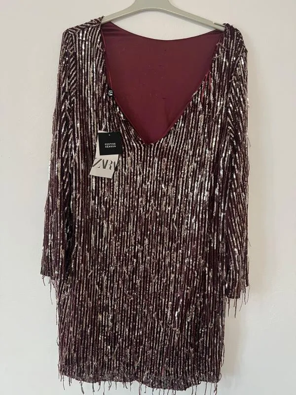 Rochie de ocazie Zara L | Burgundy, Midi, Mânecă lungă, Paiete, Poliester - Image 11